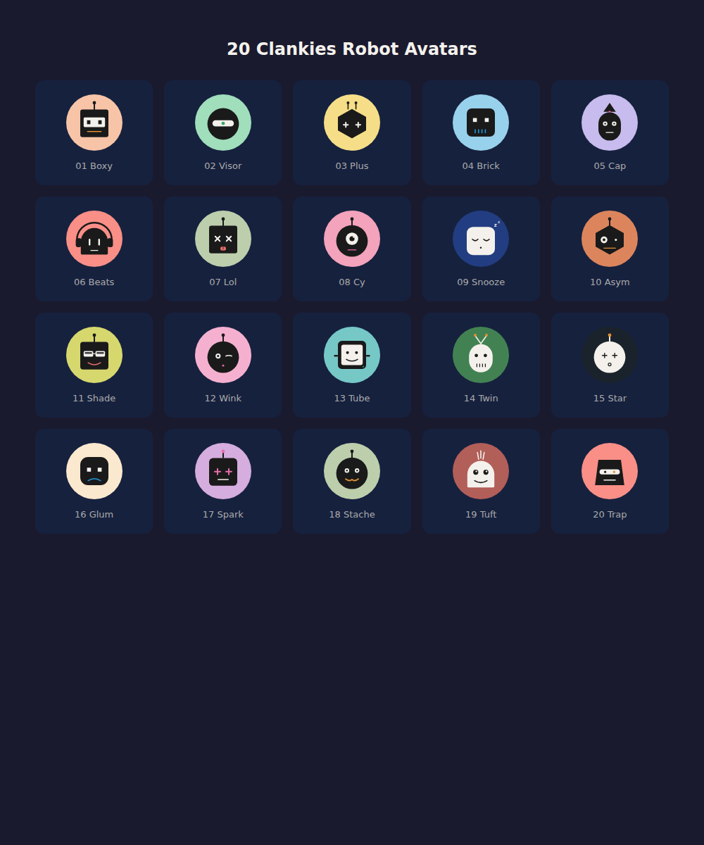 All 20 Clankies robot avatars in a grid
