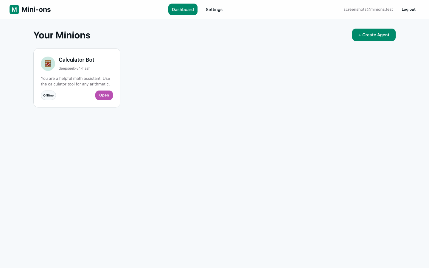 Dashboard with Calculator Bot agent card